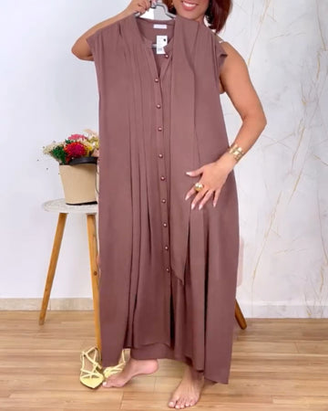 Stand Collar Sleeveless Button Down A Line Dress Back Ruched Work Dress (With Belt)